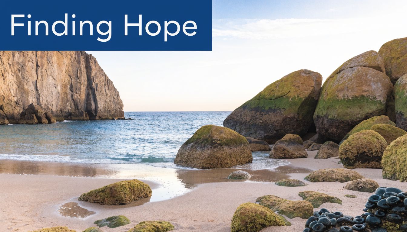 A scenic, serene beach with large mossy rocks meeting the calm ocean waves under a bright sky.
