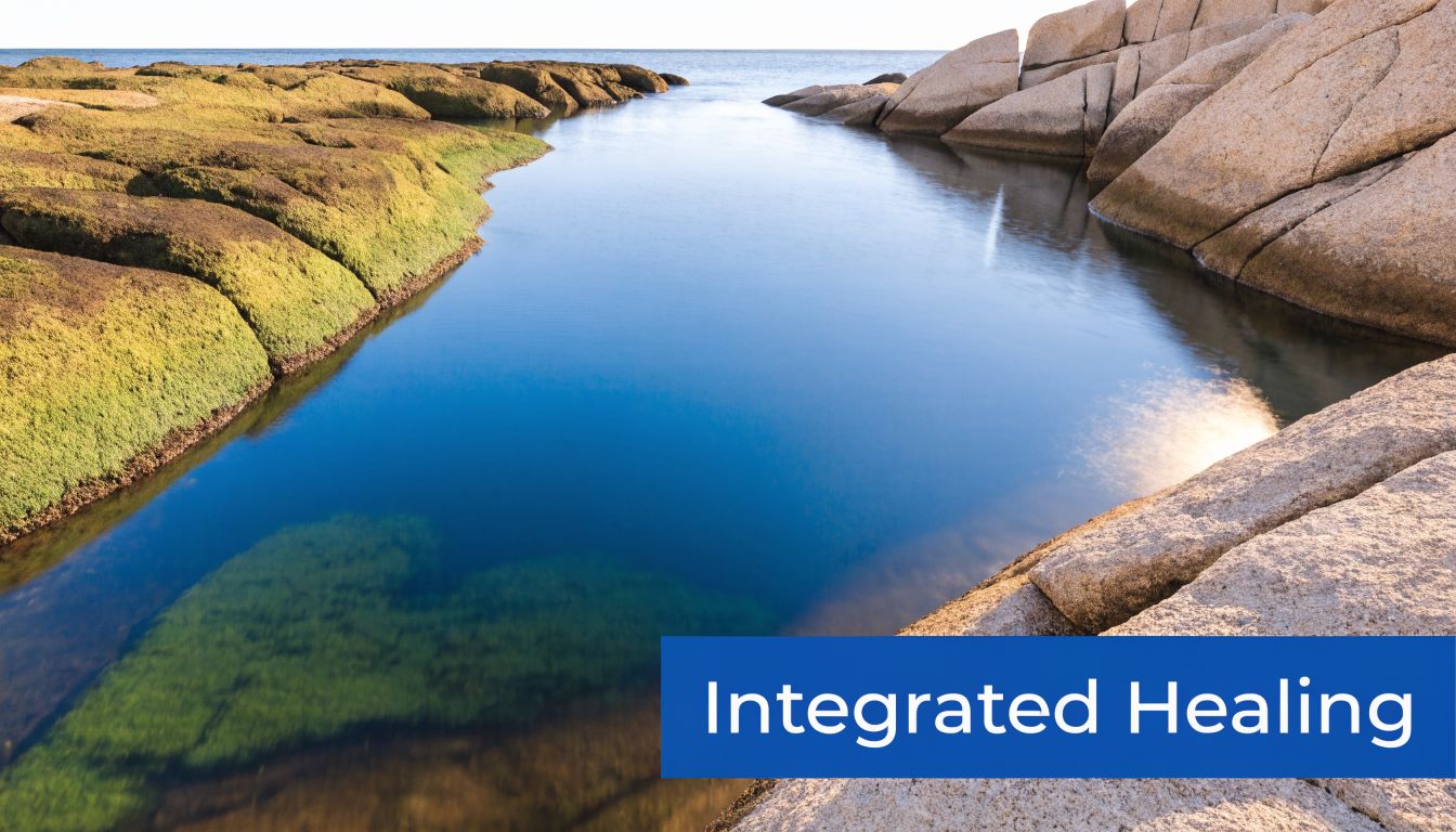 A serene natural pool surrounded by large rock formations with moss and clear blue water.