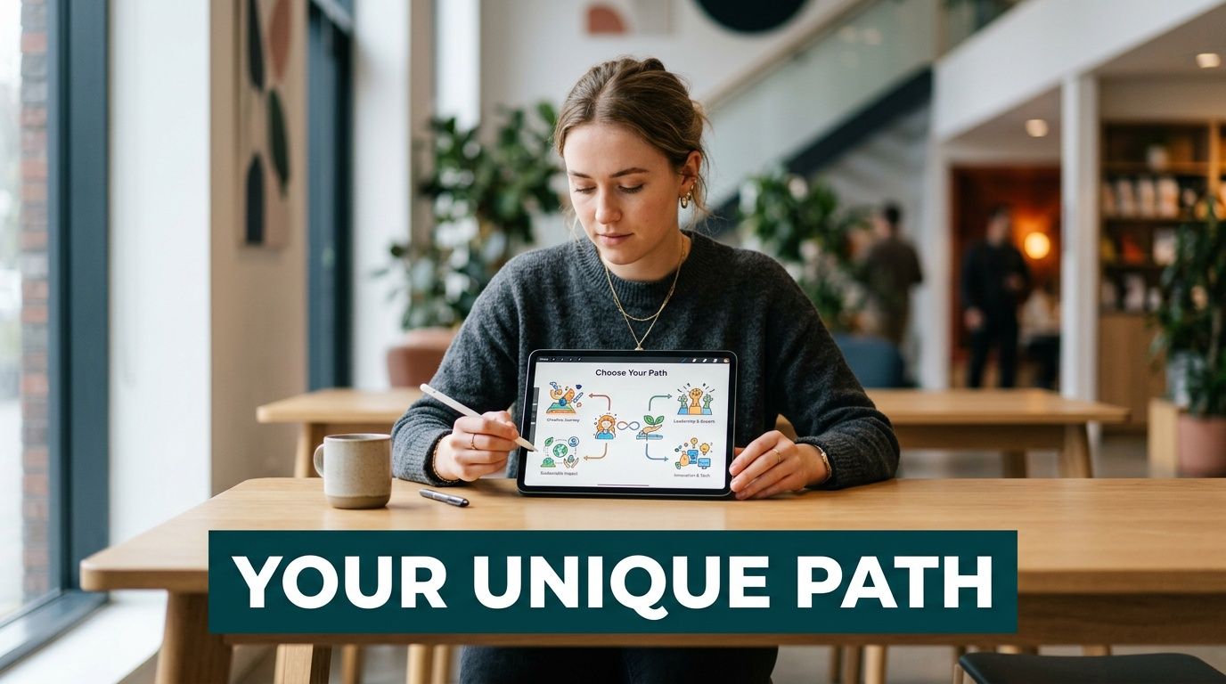 A young woman sitting at a table using a digital tablet to plan her professional career path.