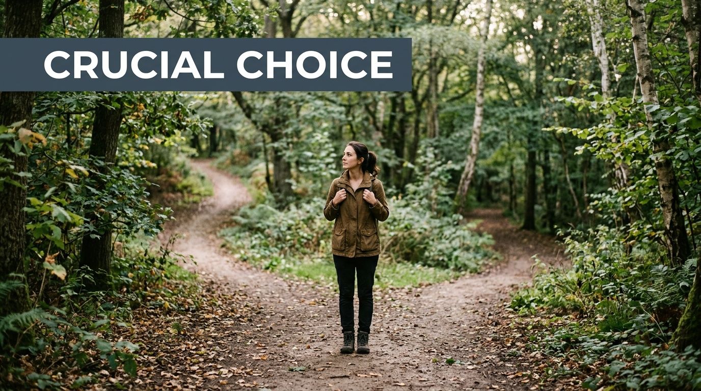 A hiker stands at a fork in a forest trail, contemplating which direction to choose.
