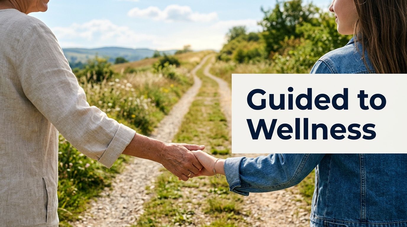 A person holding hands with a young person while walking along a path toward wellness together.
