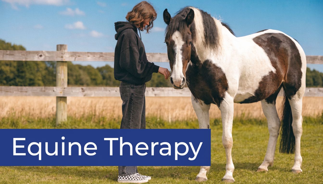 A young woman in a black hoodie and jeans interacts gently with a pinto horse in a field.