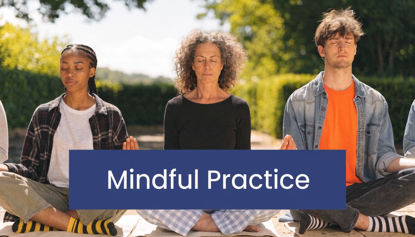 A diverse group of people sitting in a circle outdoors practicing meditation and mindful breathing exercises.