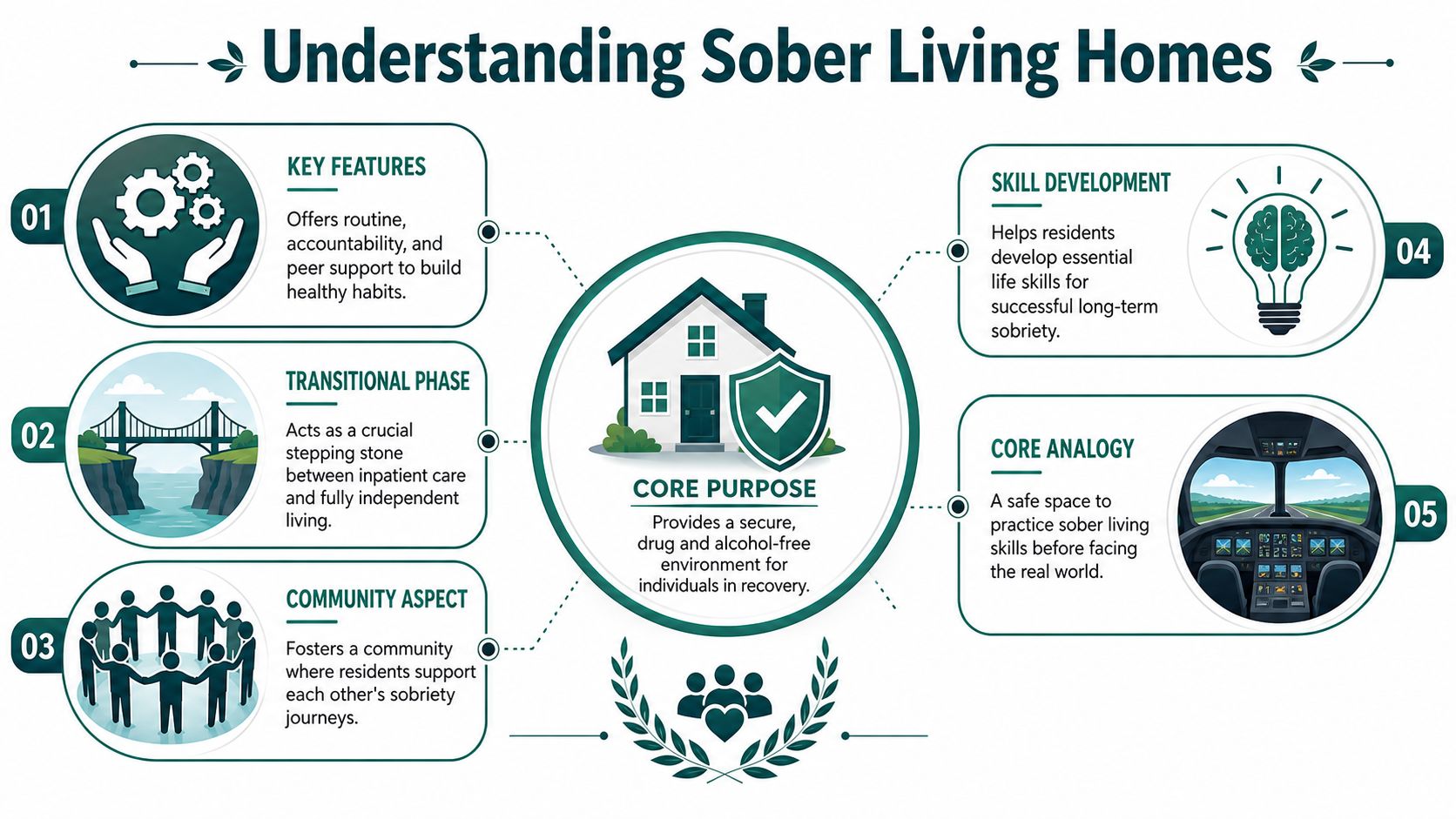 An infographic titled Understanding Sober Living Homes explaining key features, transitional benefits, and community support in recovery.