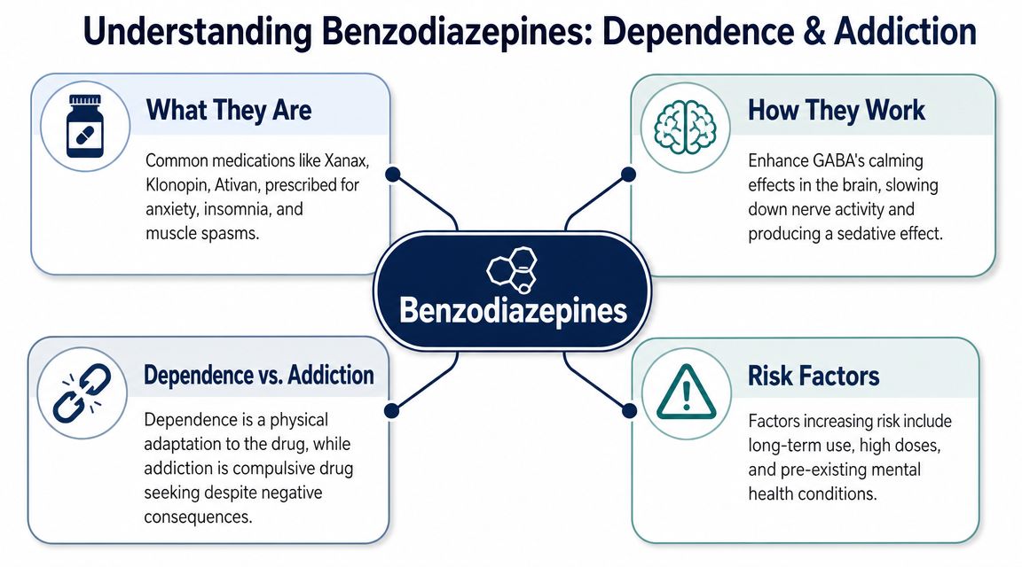 An infographic titled Understanding Benzodiazepines showing their definition, mechanism of action, difference between dependence and addiction, and risks.