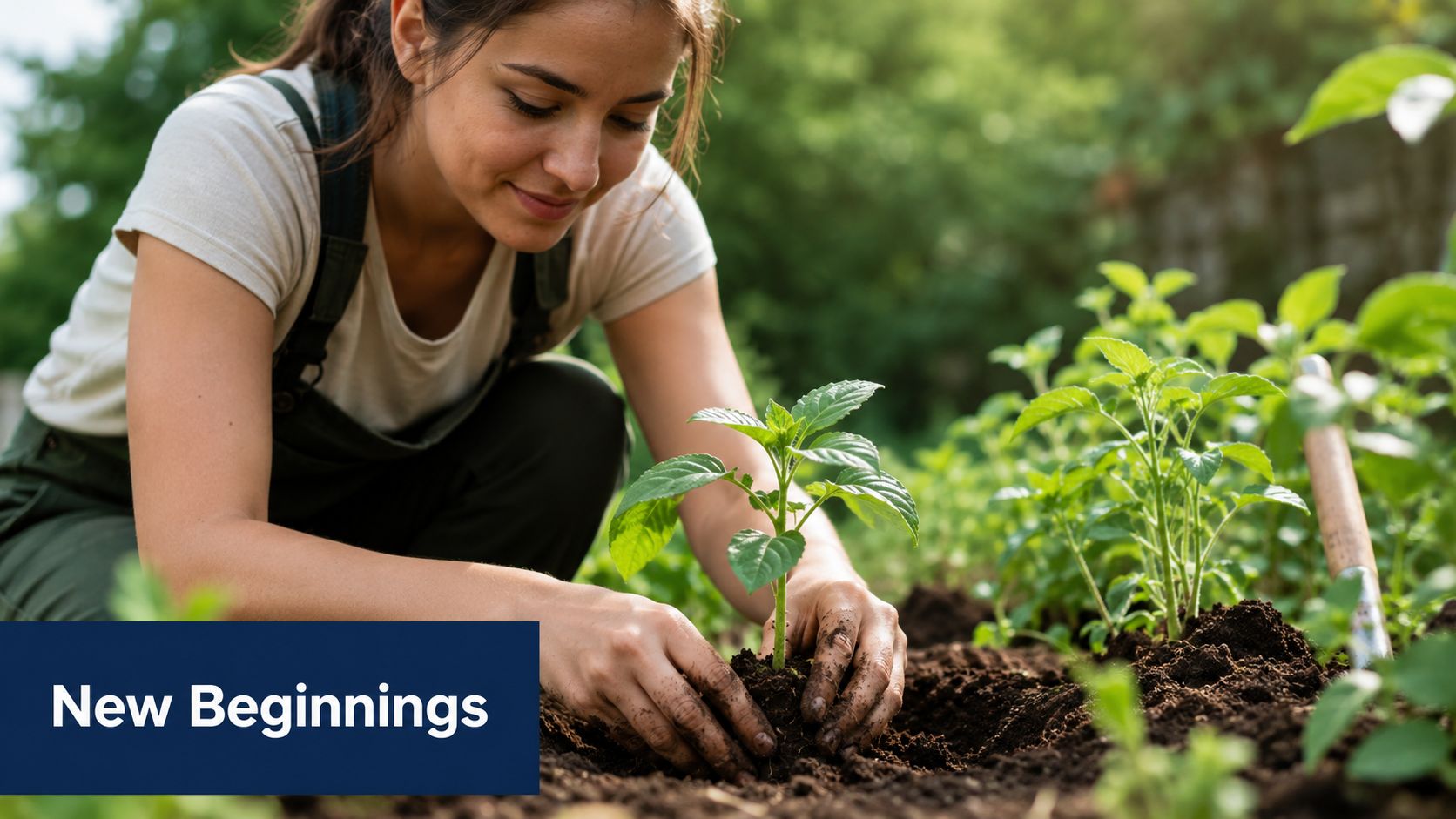 A woman with dirt-covered hands gently planting a small green seedling in rich dark garden soil.