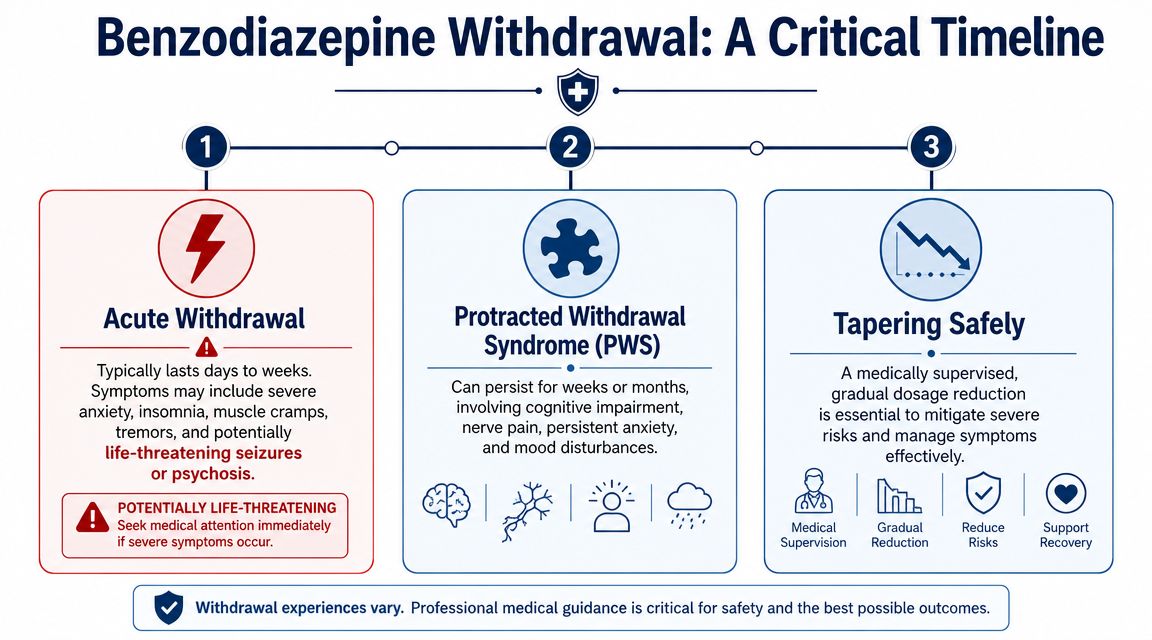 A diagram illustrating the stages of benzodiazepine withdrawal, including acute withdrawal, protracted withdrawal syndrome, and safe tapering.
