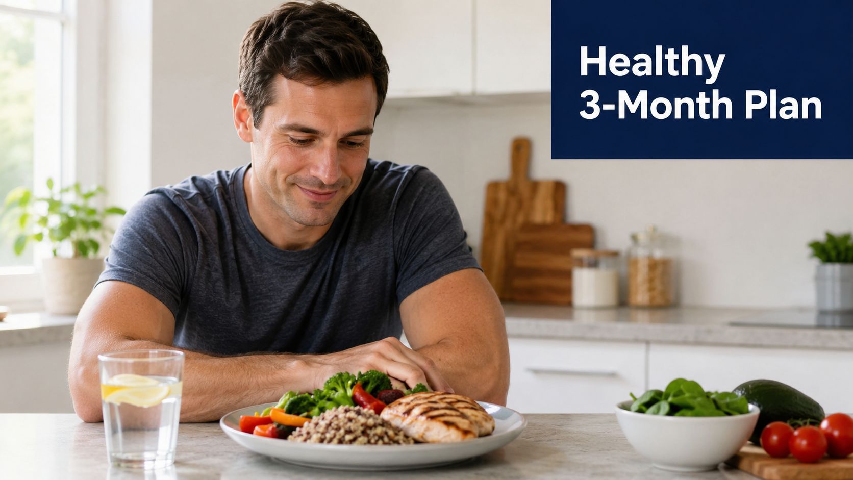 A healthy man looking down at a plate of nutritious food with vegetables and grilled chicken.