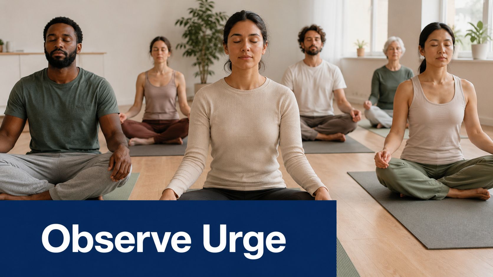 A diverse group of people sitting on yoga mats in a studio practicing meditation together.