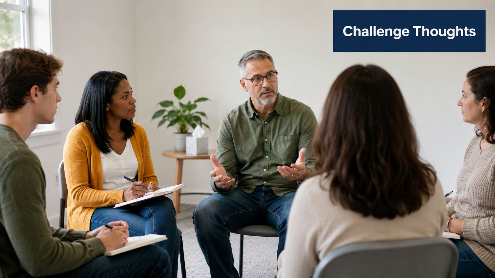A diverse support group therapy session with people sitting in a circle discussing their experiences.