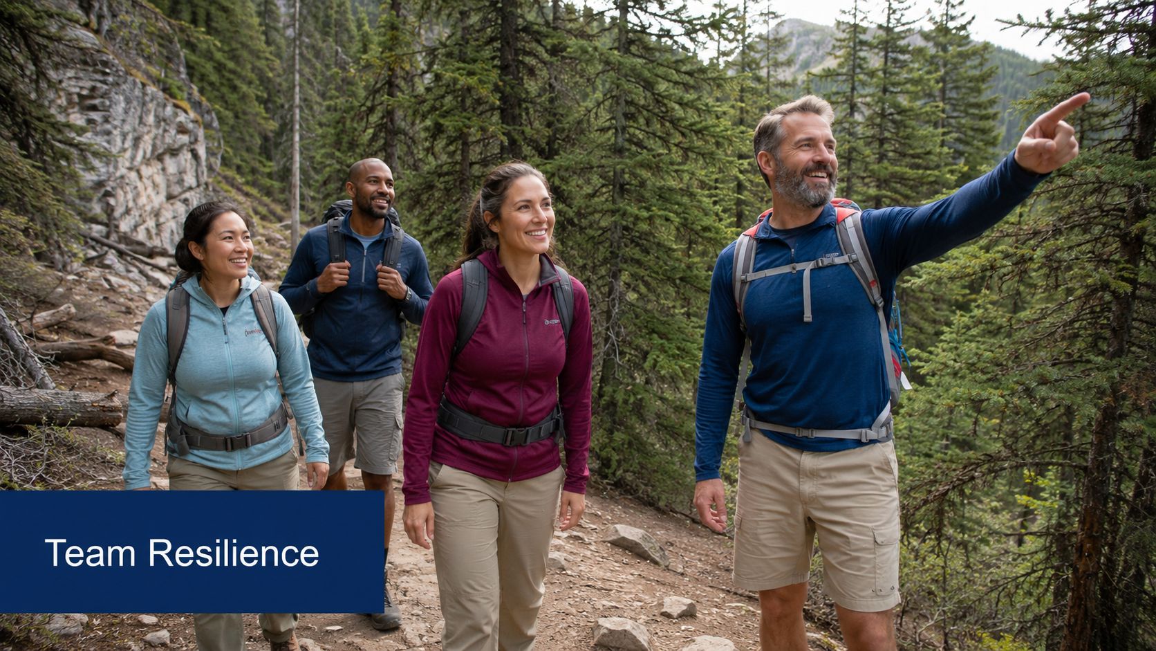 A diverse group of hikers trekking through a forest, emphasizing themes of teamwork and shared goals.