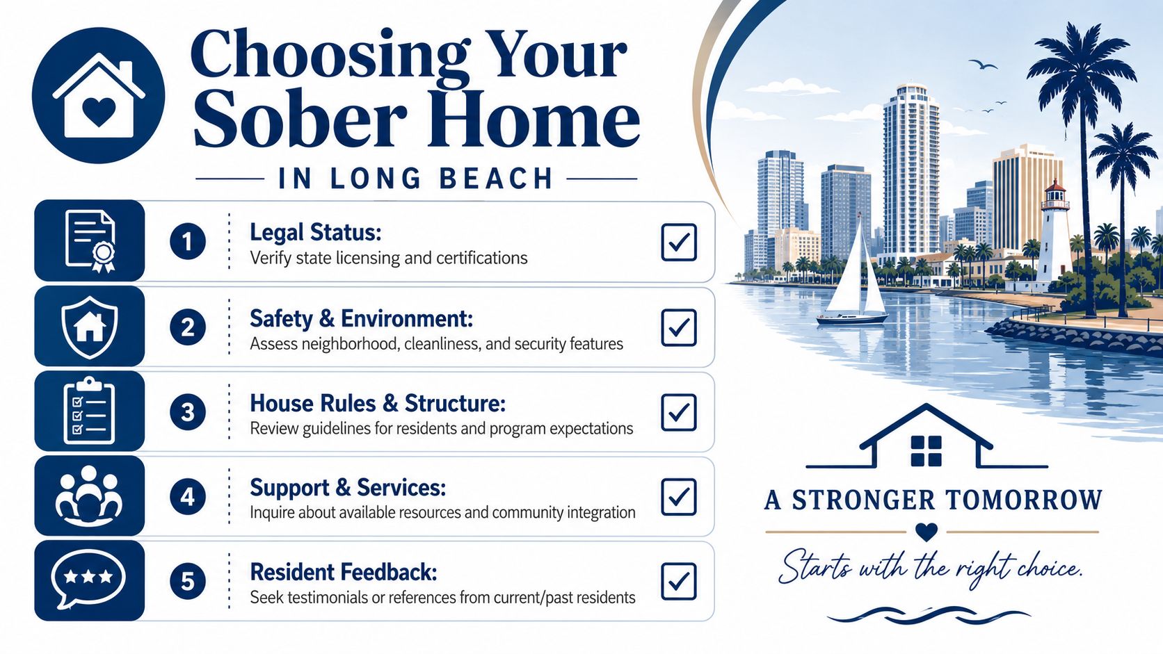 An infographic titled Choosing Your Sober Home in Long Beach, listing five steps to evaluate sober living facilities.
