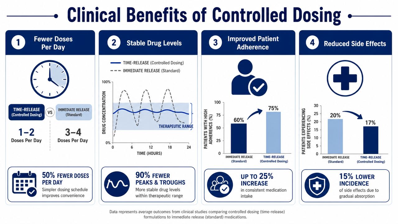An infographic illustrating the clinical benefits of controlled dosing, including reduced dosage, stable blood levels, and improved adherence.