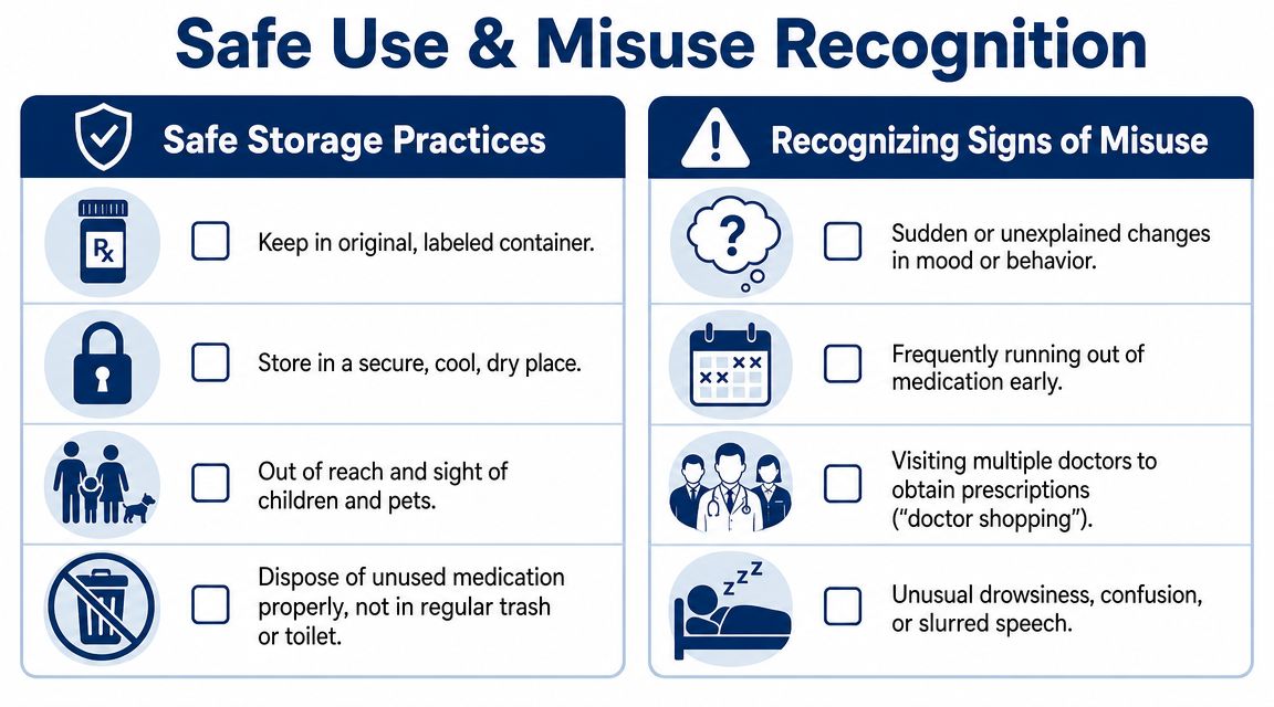 An infographic detailing safe medication storage practices and common warning signs of potential prescription drug misuse.