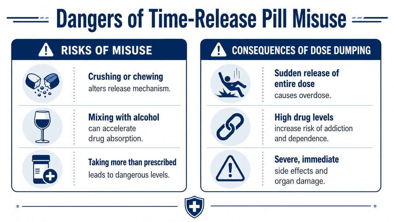 An infographic detailing the risks and consequences of misusing time-release medication, including crushing, alcohol, and overdose.