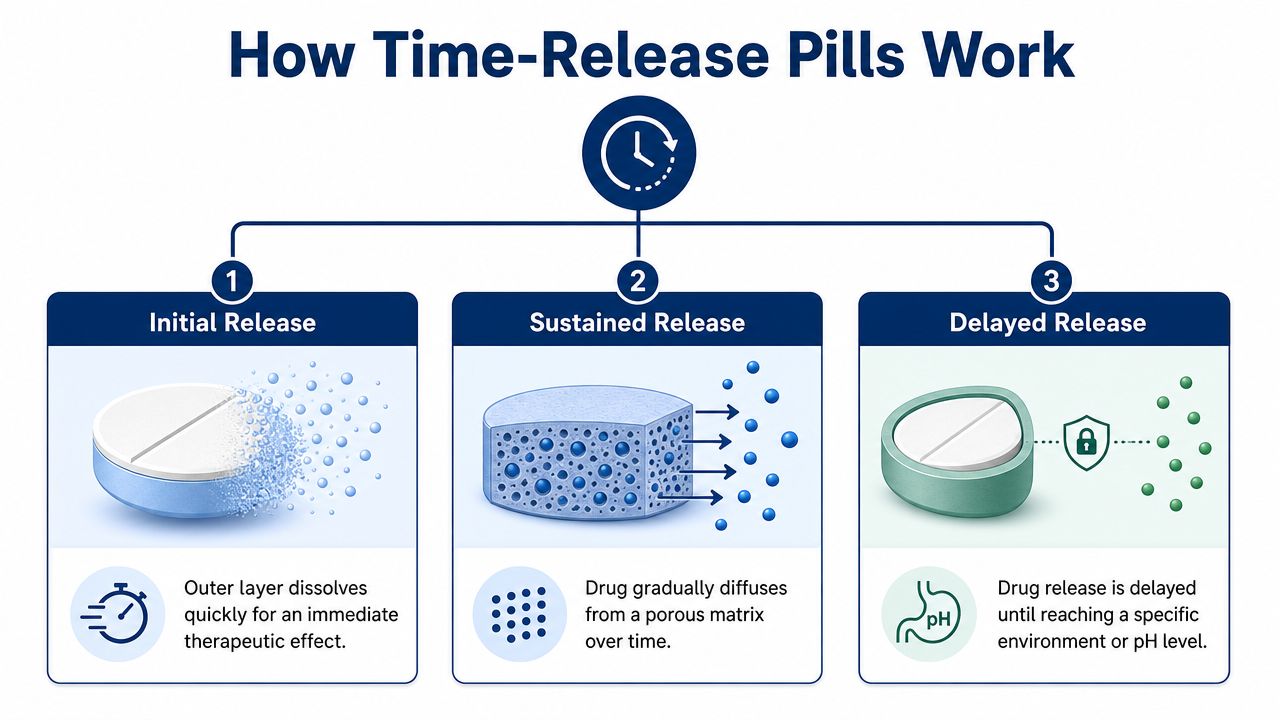 An infographic illustrating three mechanisms of time-release pills: initial release, sustained release, and delayed release.