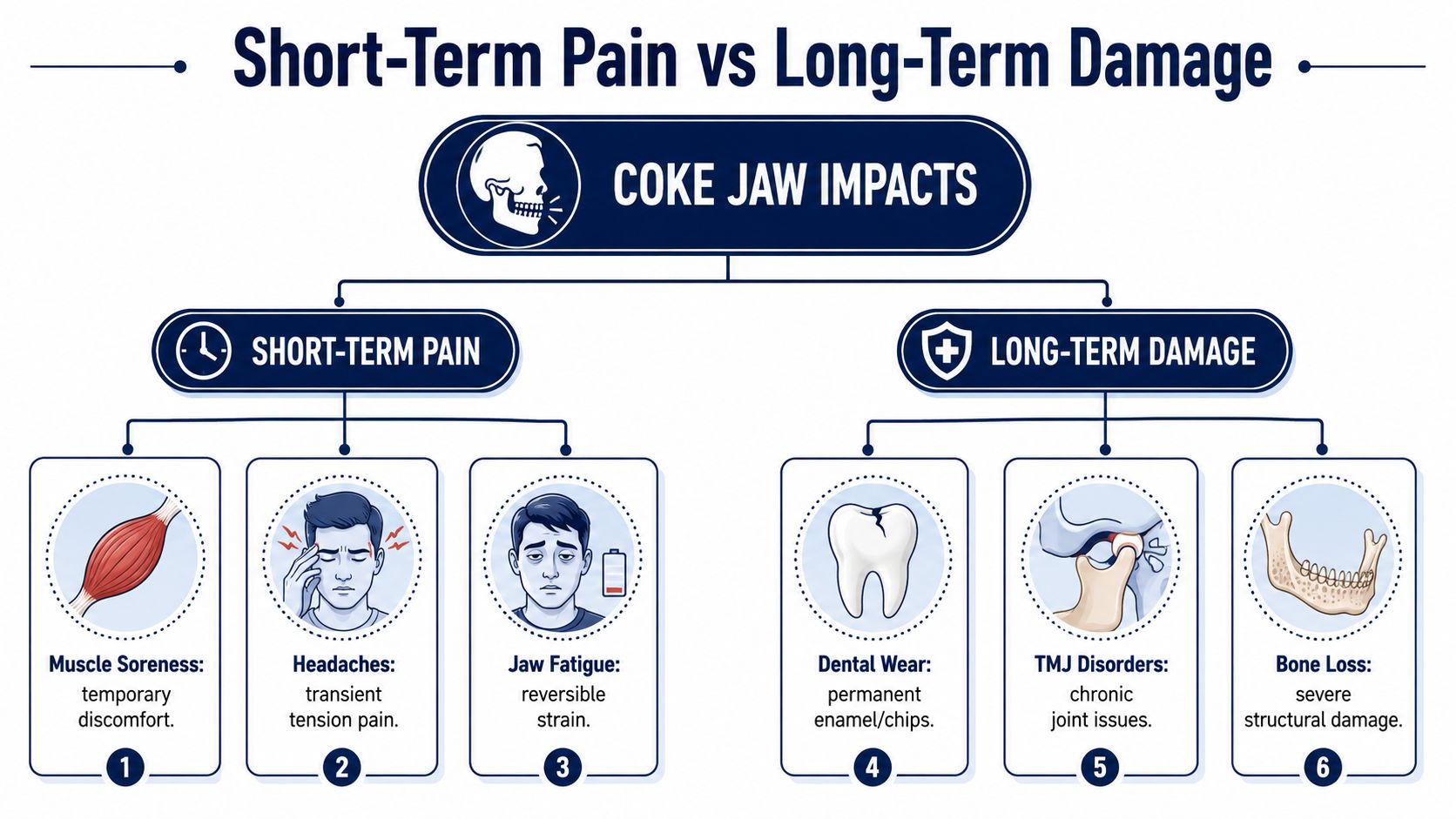 An infographic comparing short-term pain and long-term damage caused by cocaine-related jaw clenching and grinding.