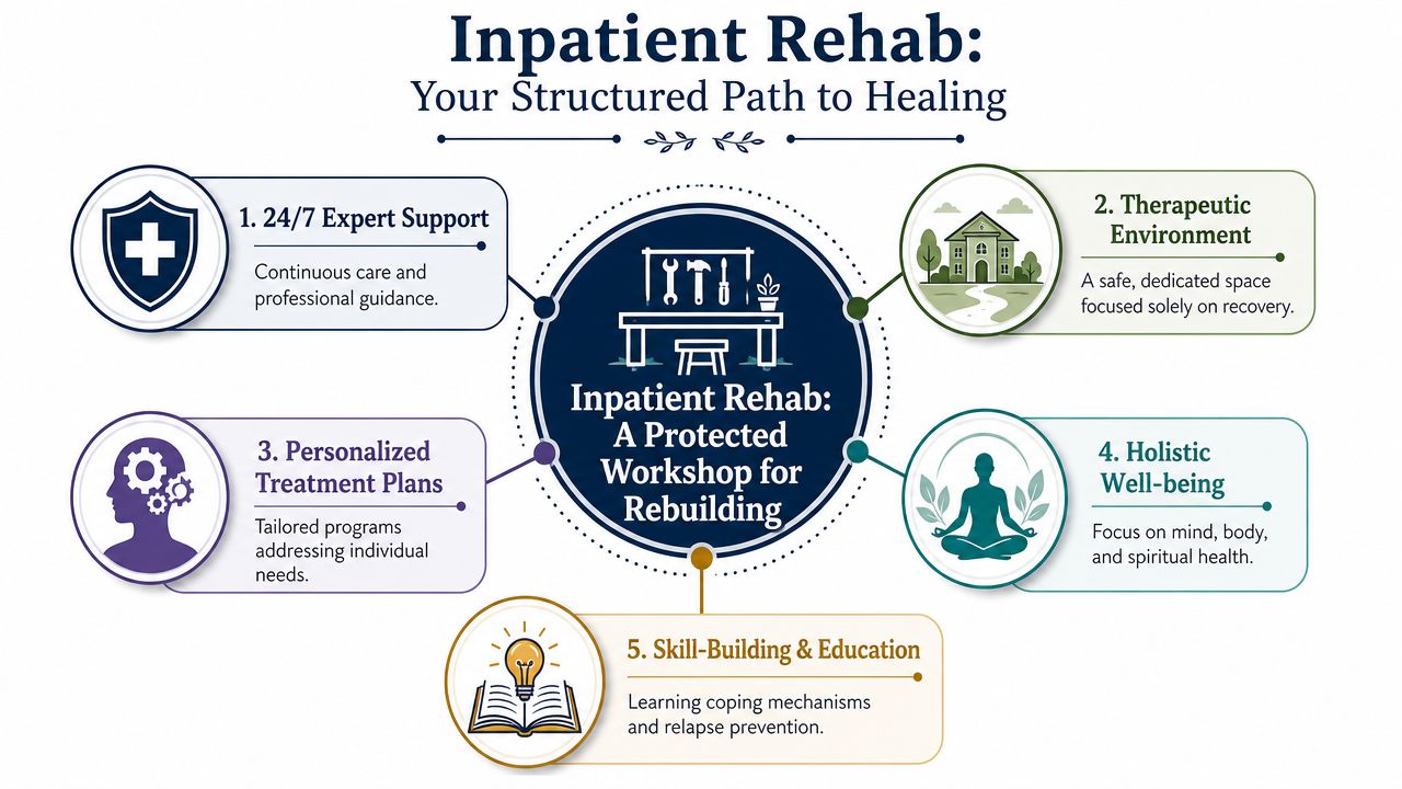 An infographic titled Inpatient Rehab illustrating five key benefits and features of structured rehabilitation recovery programs.