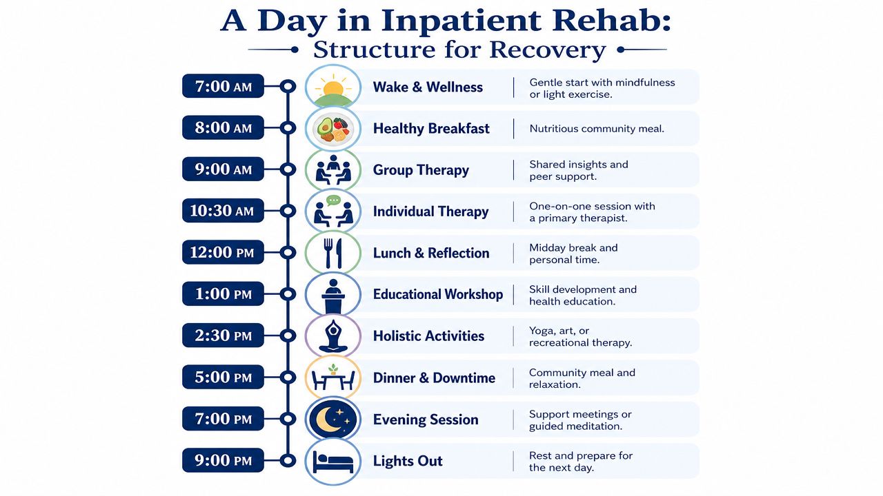 An infographic detailing a structured daily schedule for patients in an inpatient rehabilitation recovery program.