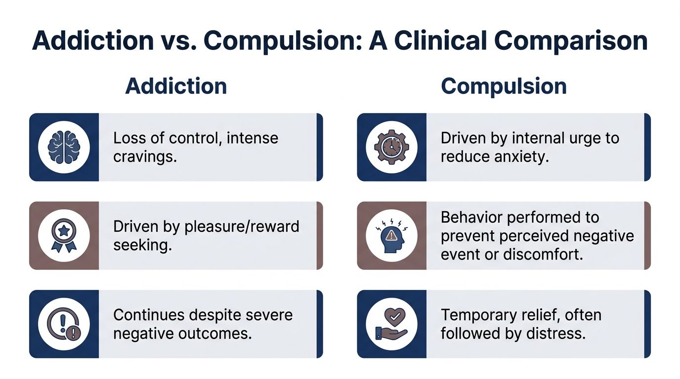 A clinical comparison chart highlighting the key behavioral and psychological differences between addiction and compulsion.