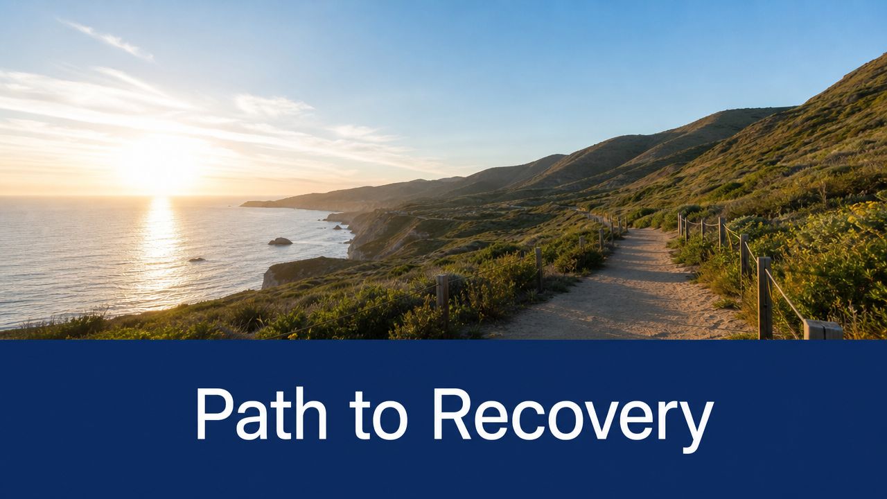 A scenic dirt walking path along a coastal cliff during sunset with the text Path to Recovery.