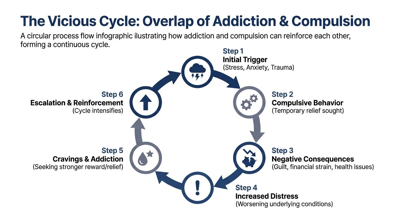 A circular diagram illustrating the six steps of the vicious cycle of addiction and compulsive behaviors.