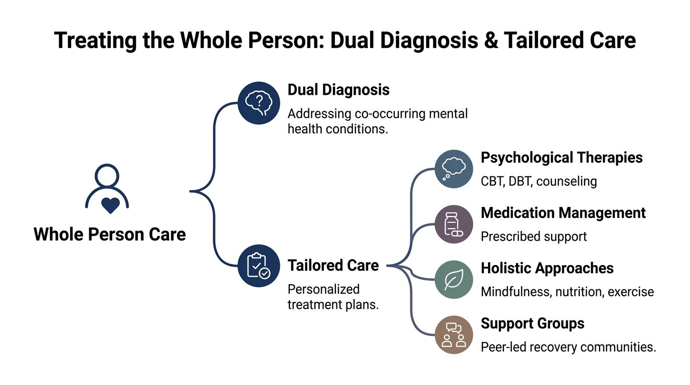 A diagram illustrating whole person care with dual diagnosis and various tailored treatment options like therapy.