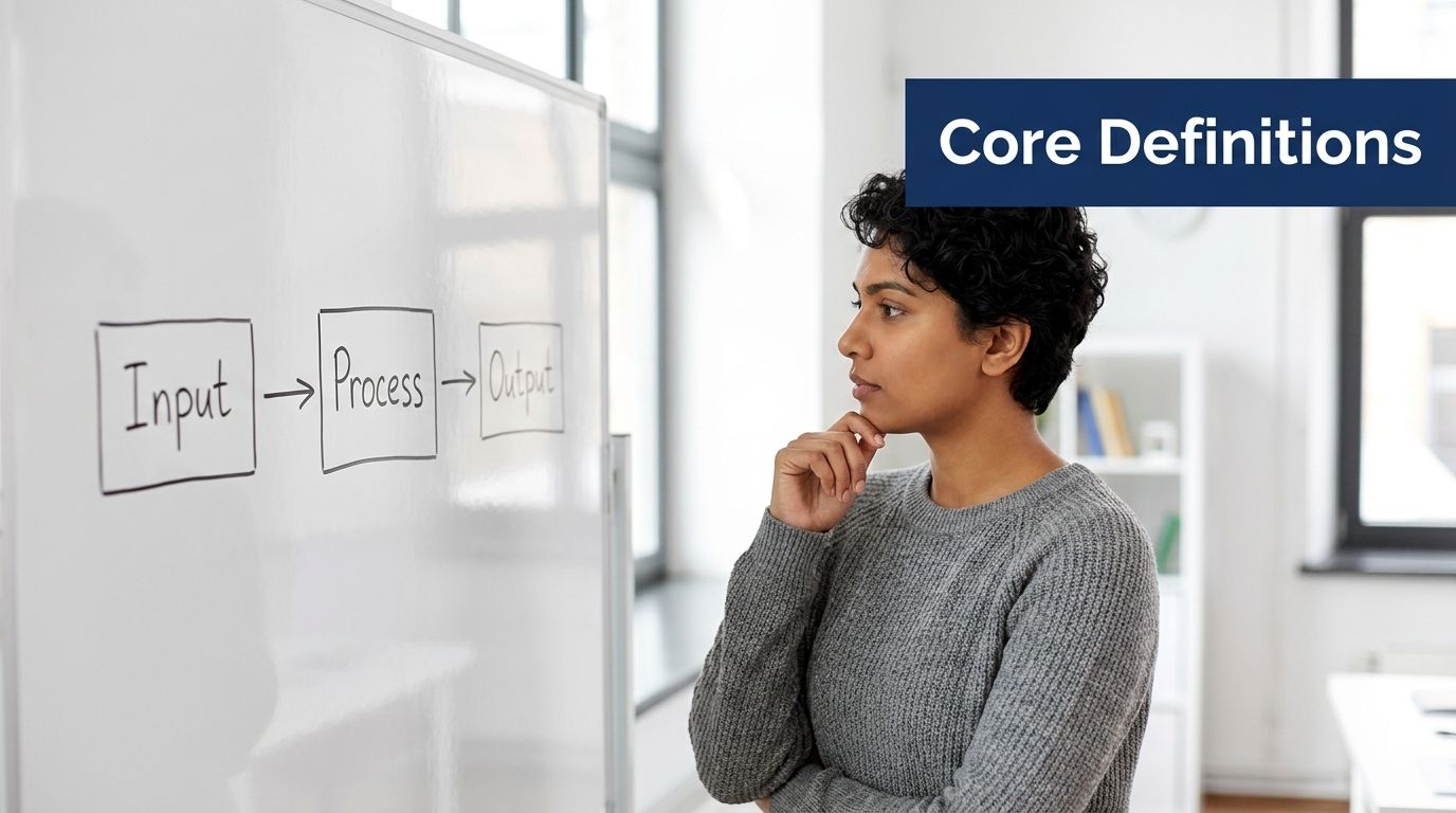 A thoughtful woman looking at an input, process, and output diagram drawn on a whiteboard.