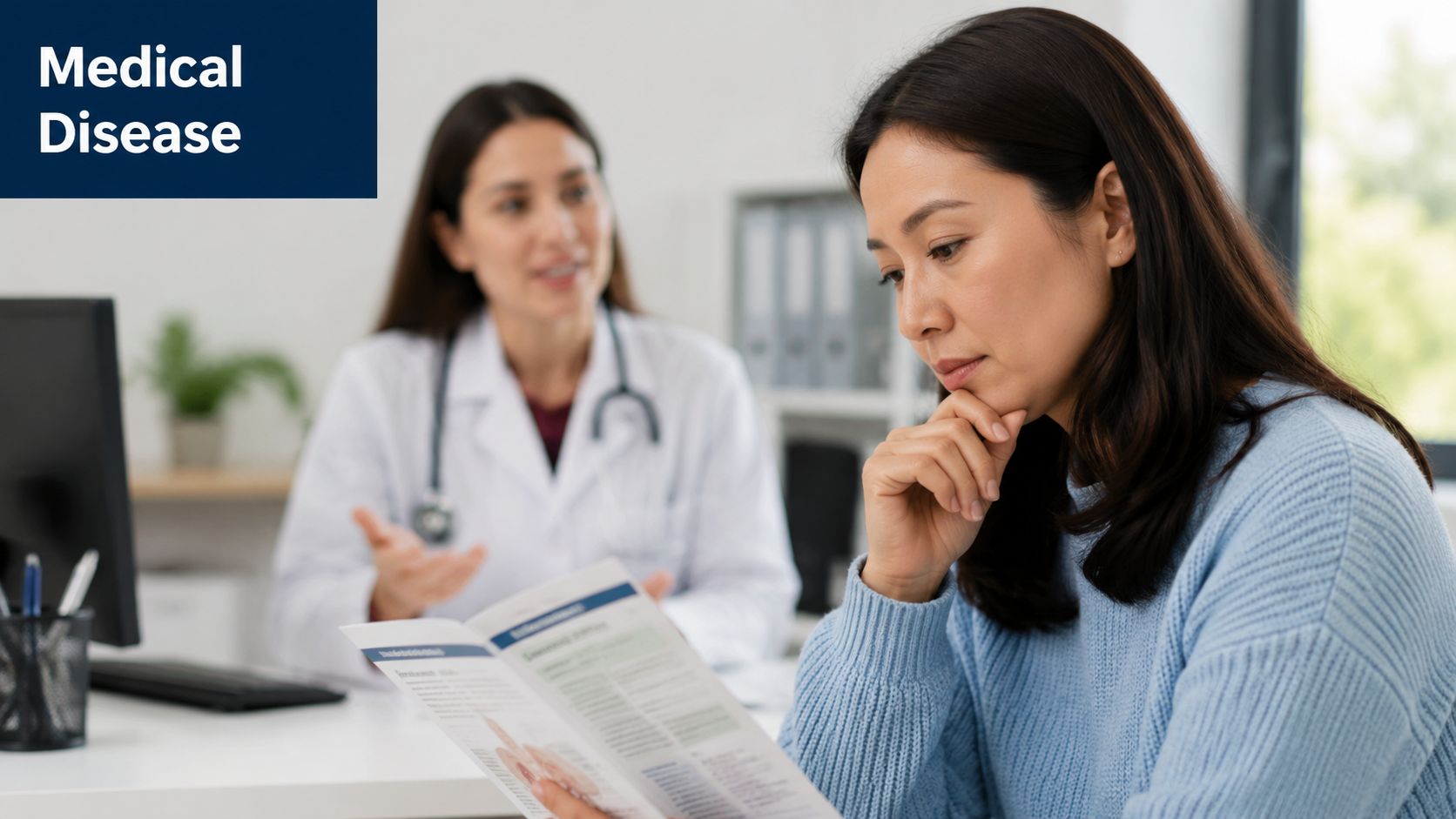 A concerned patient reviewing medical information while consulting with a healthcare professional in a doctor's office.
