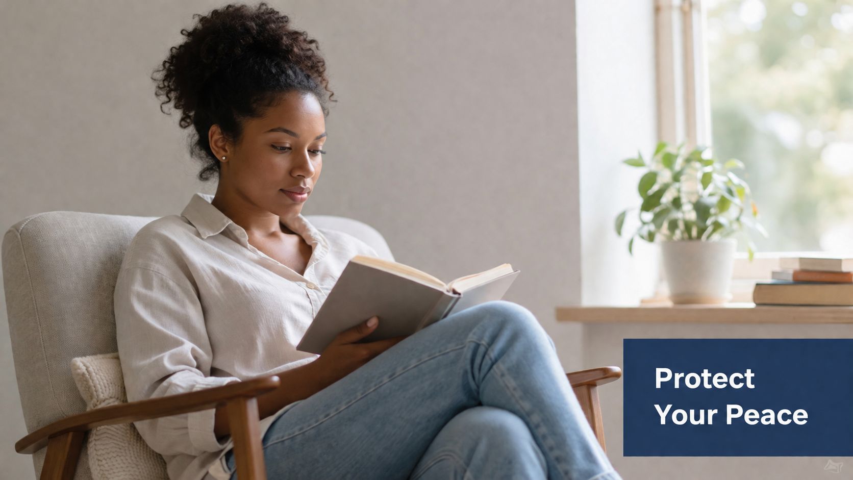 A serene woman with curly hair sits in a comfortable chair, peacefully reading a book indoors.