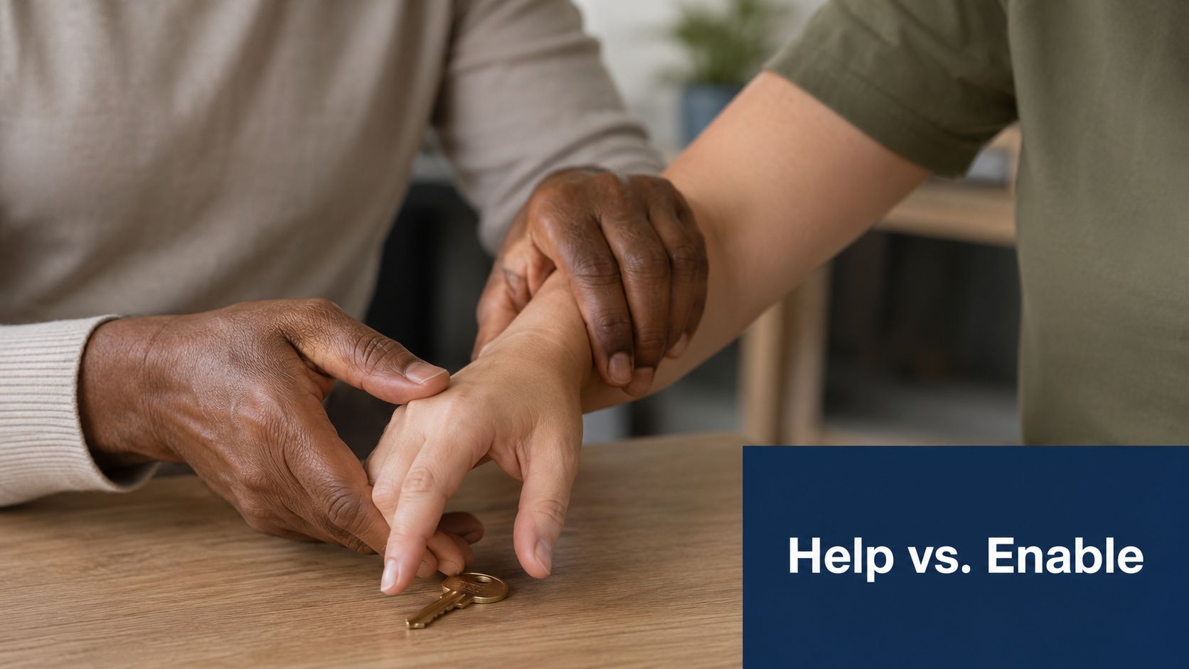 A close-up view of a person helping another person's hand reach for a house key on a table.