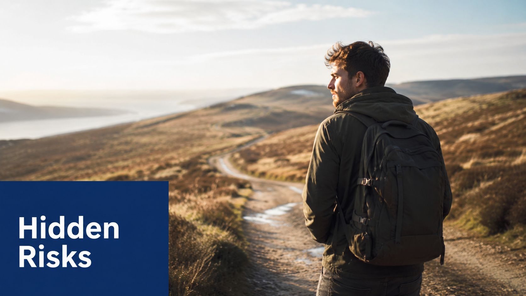 A man with a backpack stands on a rural path looking toward a scenic landscape in the distance.