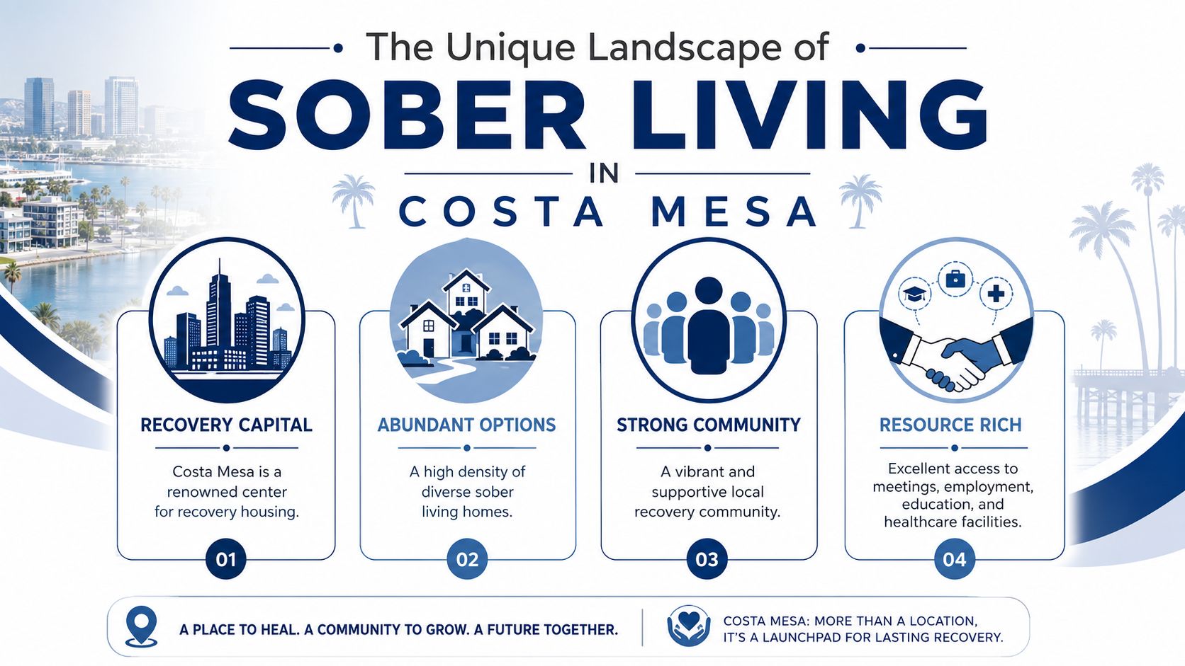An infographic highlighting the benefits of sober living homes in Costa Mesa, including community and resources.