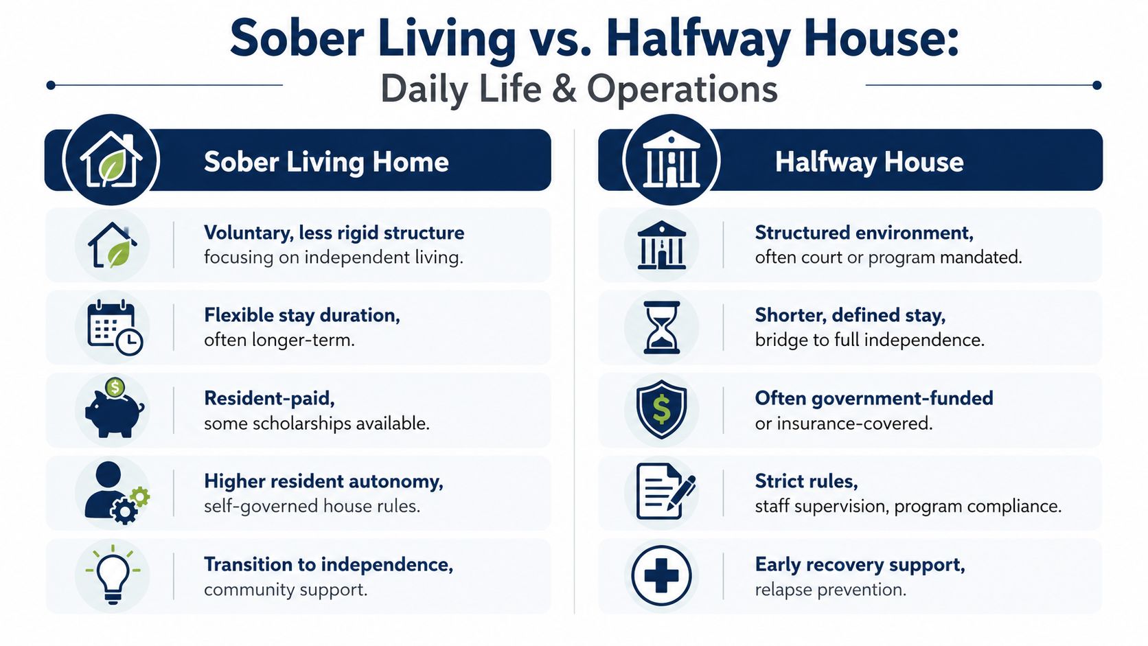 A comparison chart outlining the key differences between sober living homes and halfway houses for recovery.