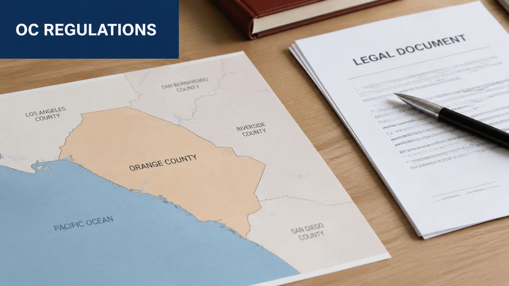 A map of Orange County alongside a legal document and pen on a wooden office desk.