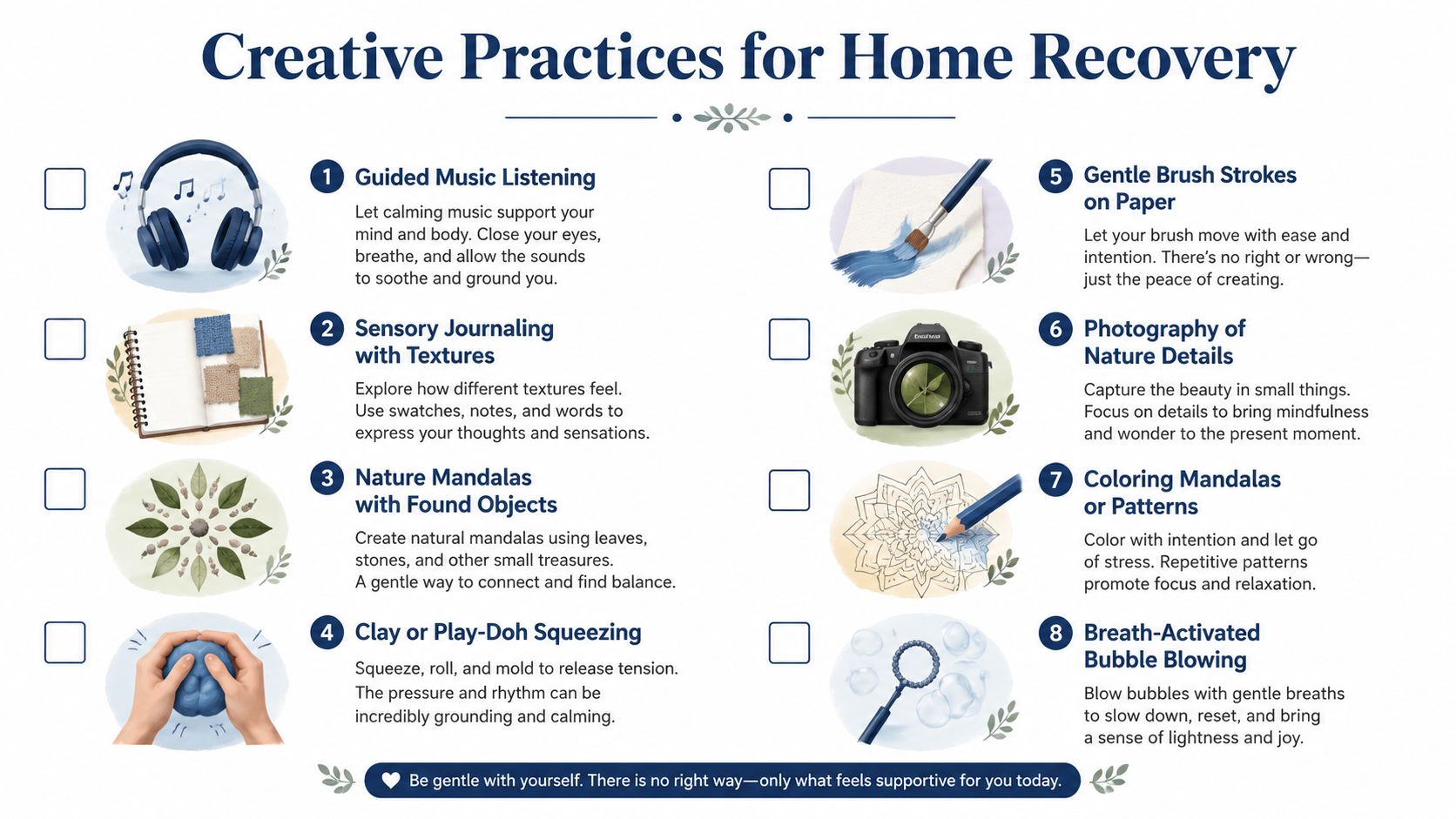 An infographic titled Creative Practices for Home Recovery, featuring eight illustrated therapeutic art and sensory activity ideas.