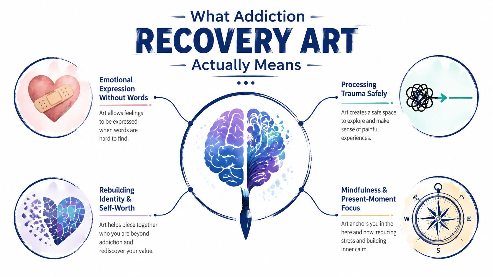 An infographic titled What Addiction Recovery Art Actually Means, showing how art helps mental health recovery.