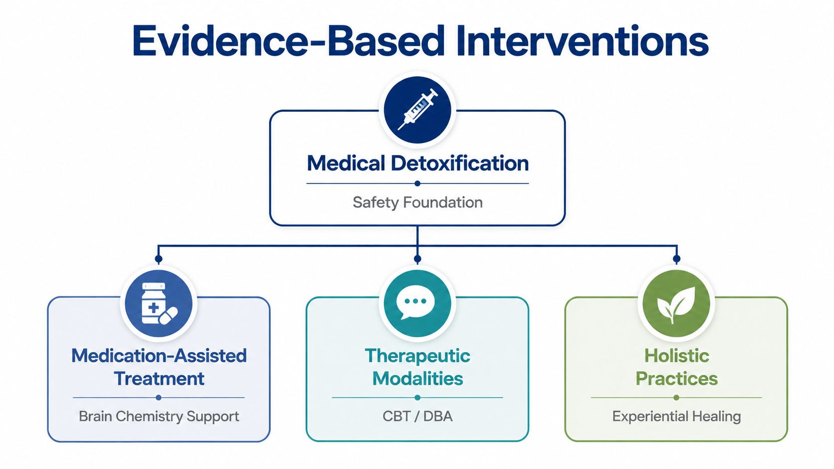 A diagram illustrating evidence-based interventions including medical detoxification, medication-assisted treatment, therapeutic modalities, and holistic practices.