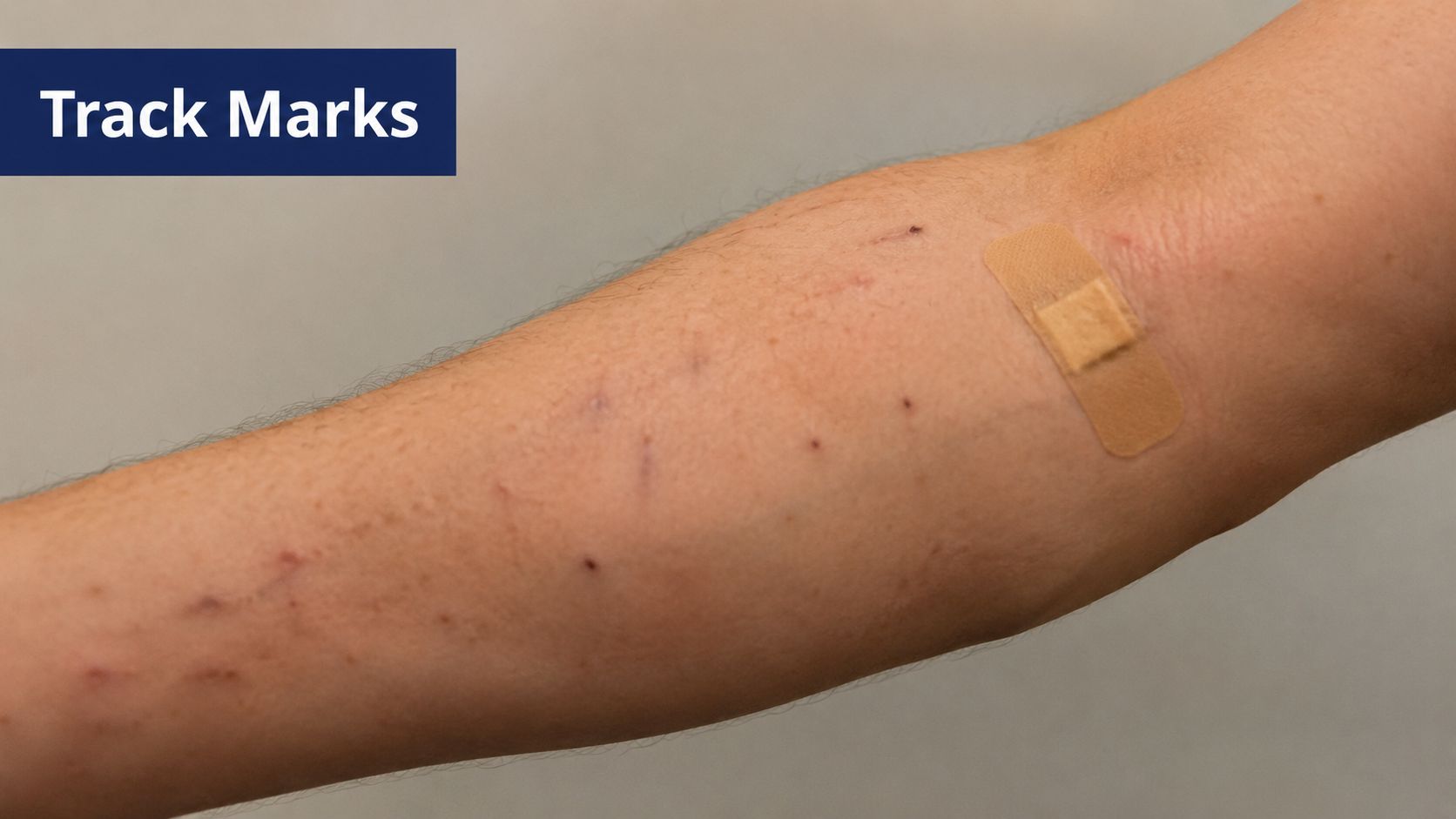 A close-up view of a human forearm showing multiple small puncture marks and bruising consistent with injections.