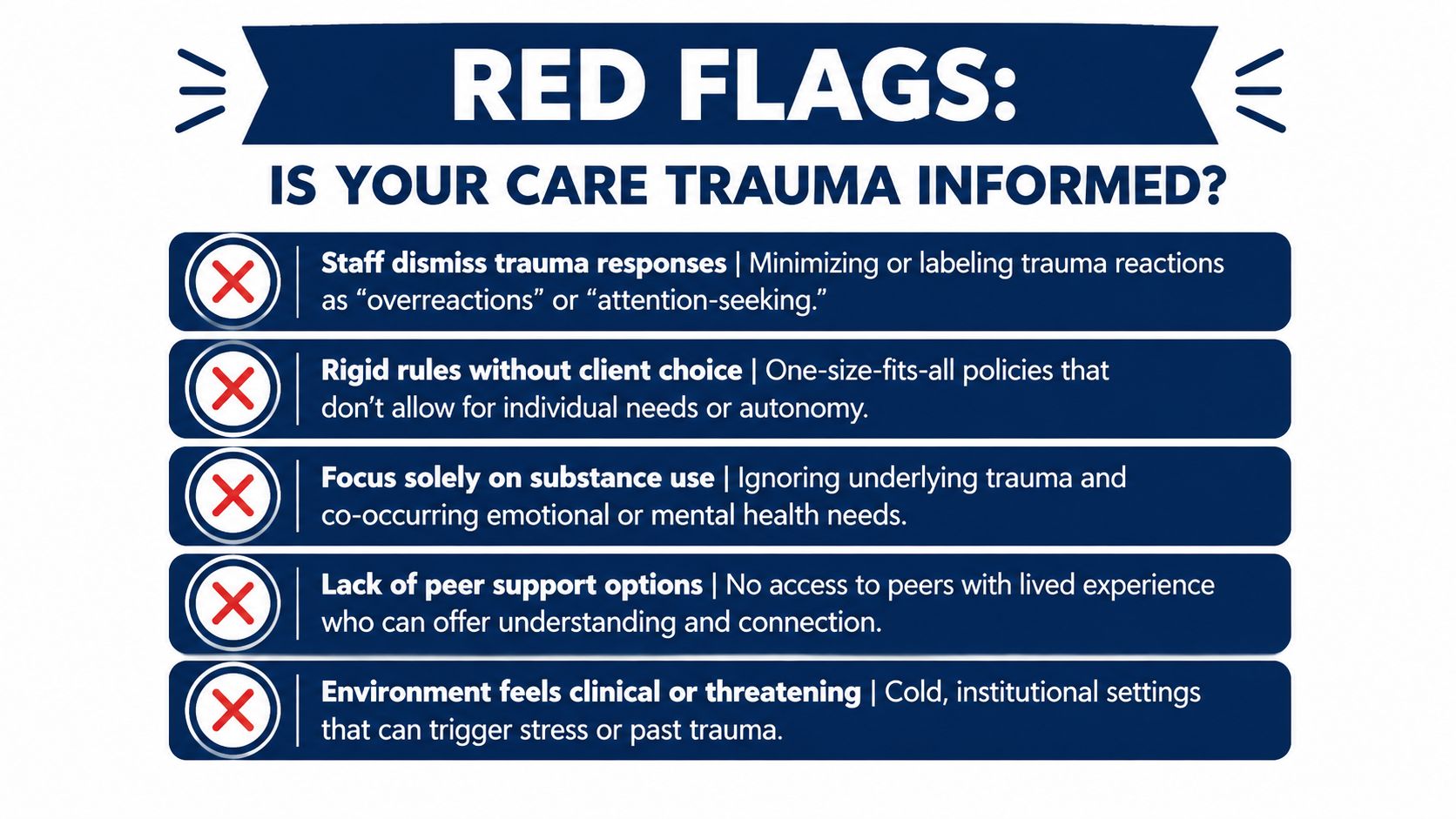 A graphic listing five red flag warnings to identify if care or therapy is not trauma-informed.