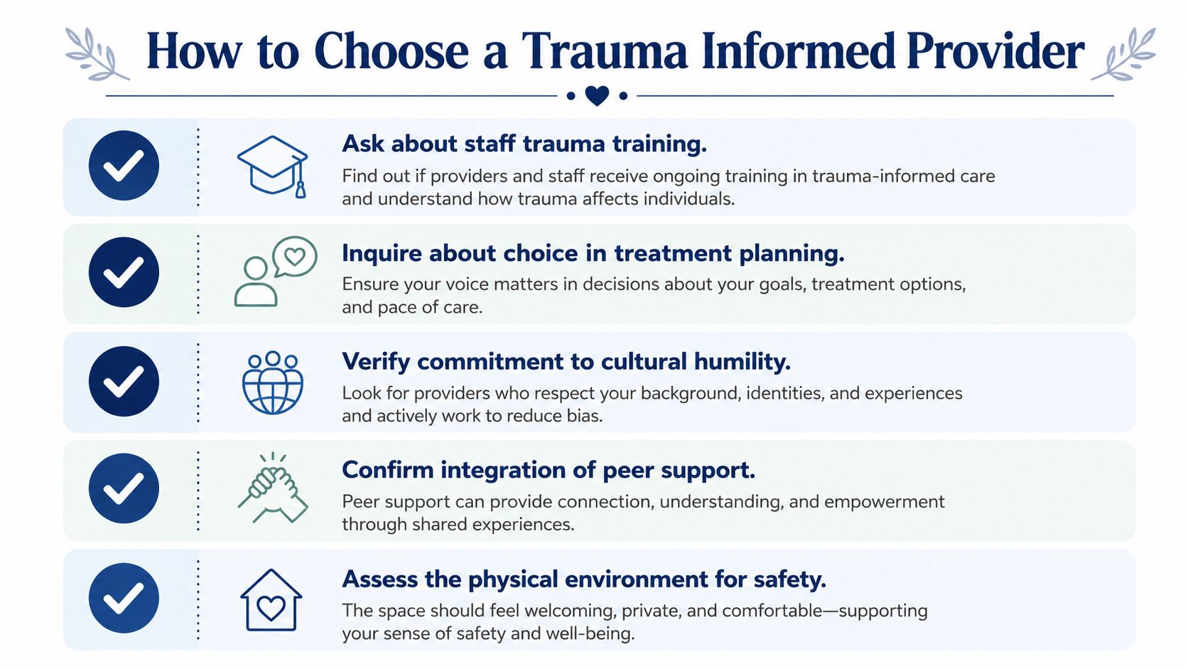 An infographic outlining five key steps to choosing a high-quality, trauma-informed healthcare provider or therapist.