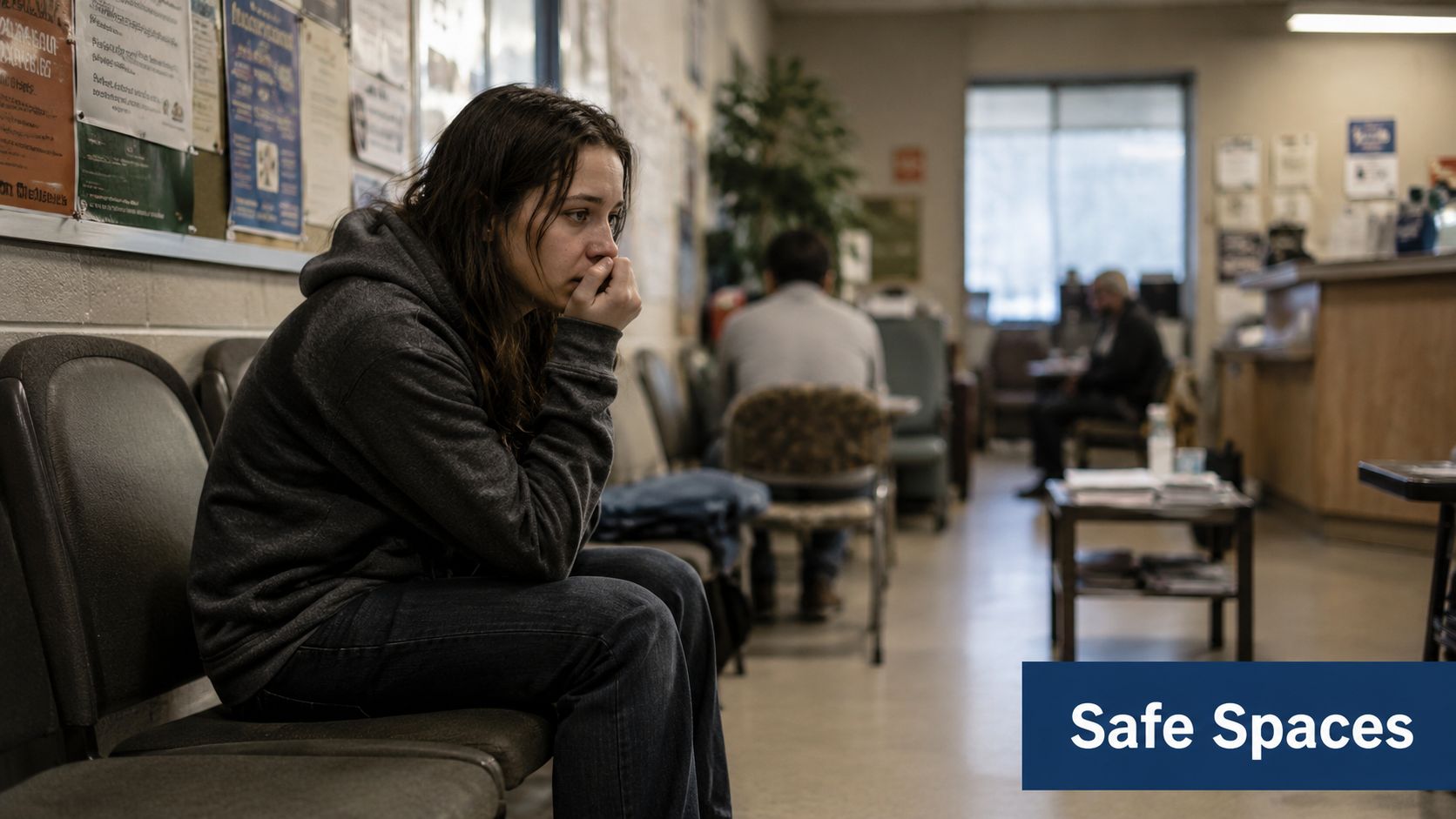 A young, distressed woman sits alone in a waiting room, reflecting the need for trauma informed care.
