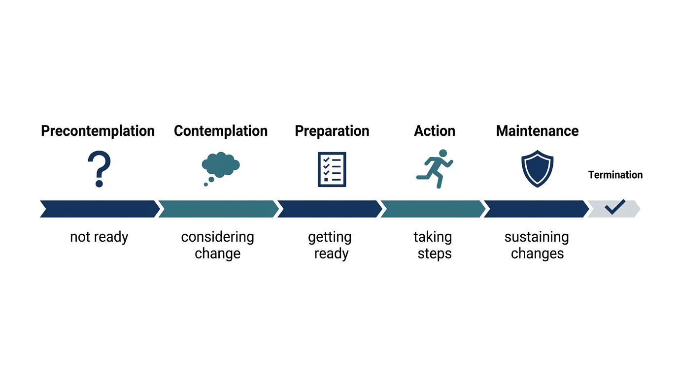 A diagram illustrating the stages of change model from precontemplation to termination with corresponding icons and descriptions.