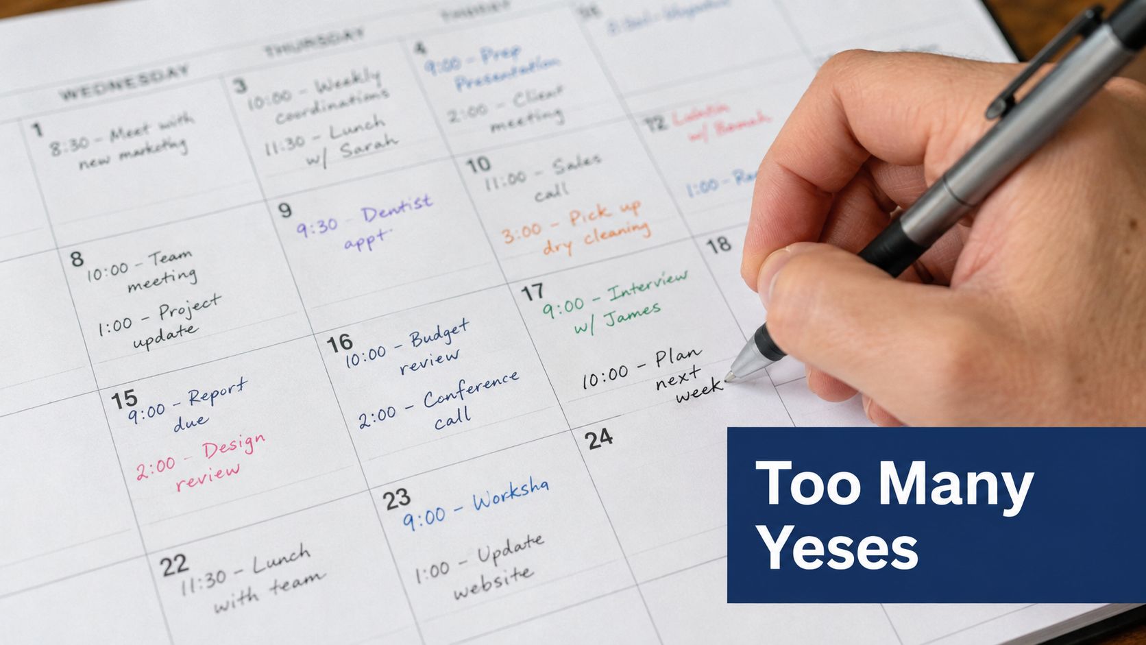 A close up of a hand holding a pen while filling out a busy monthly calendar planner.