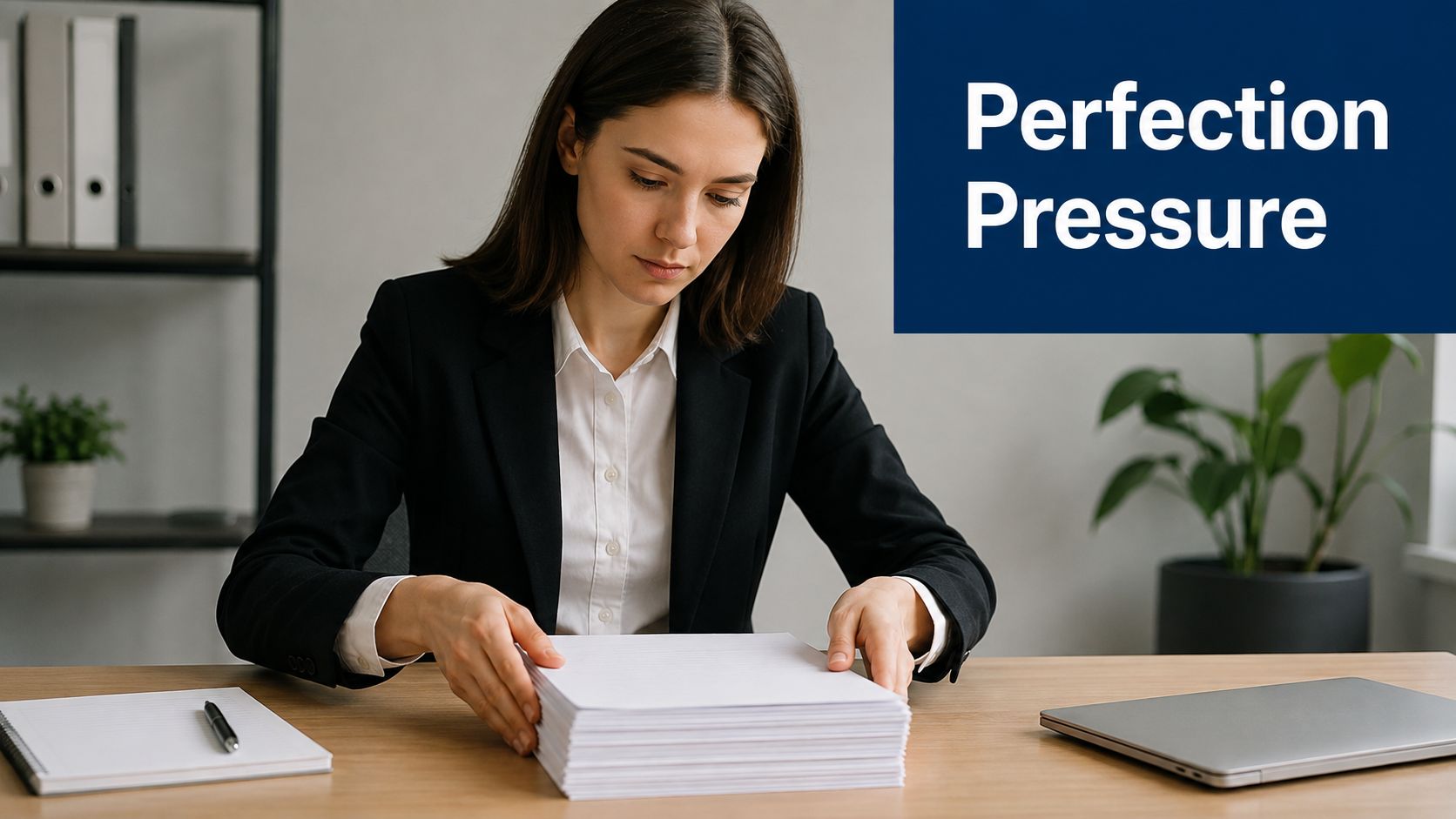 A professional woman in a suit focusing intently on a neat stack of paper at her desk.
