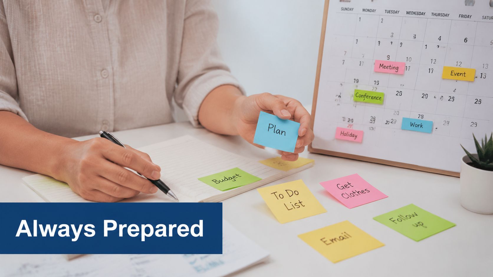 A person organizing tasks using sticky notes and a wall calendar to manage their daily work schedule.