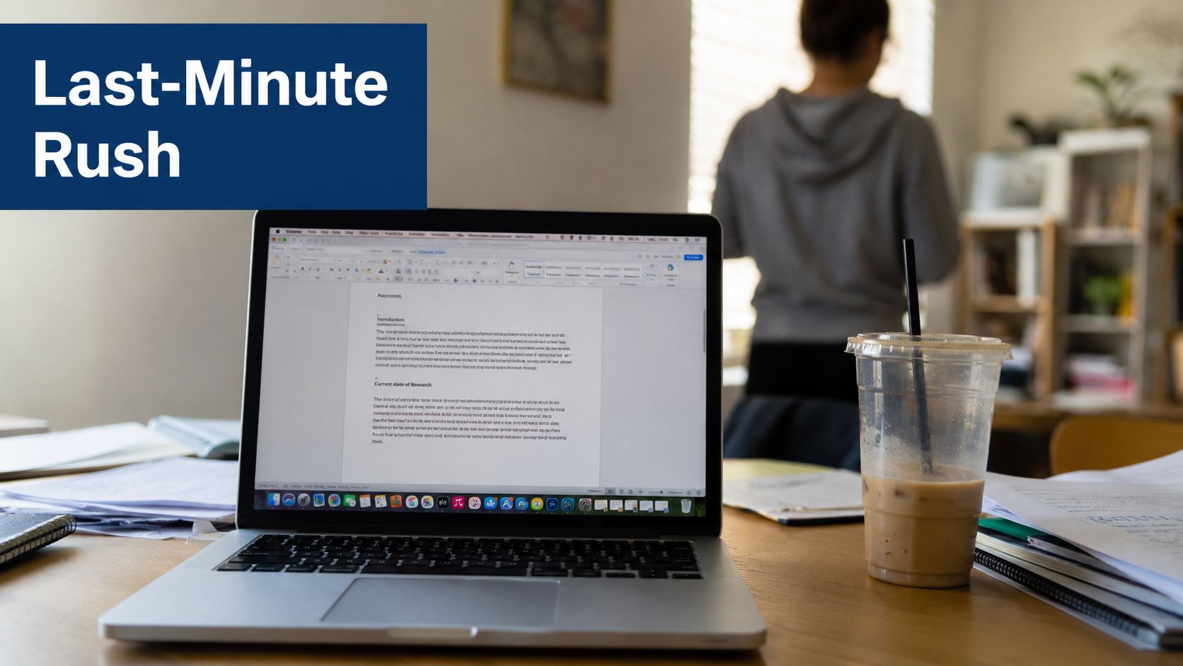 A laptop open on a cluttered desk displaying a document with a person working in the background.